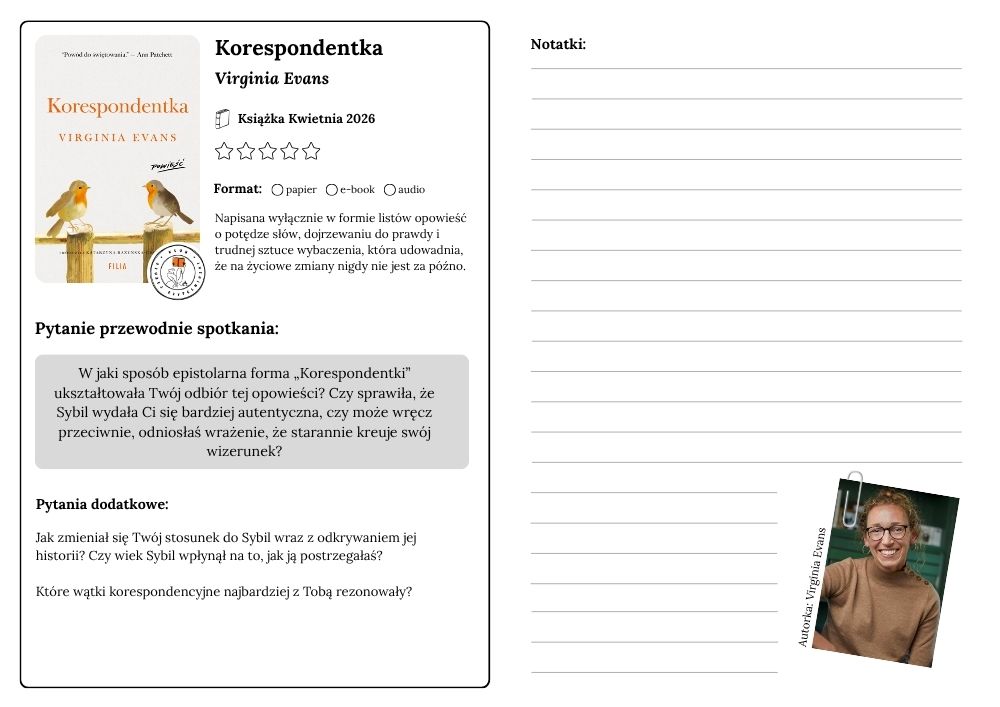 Pytania na spotkanie klubu książki "Korespondentka" Virginii Evans