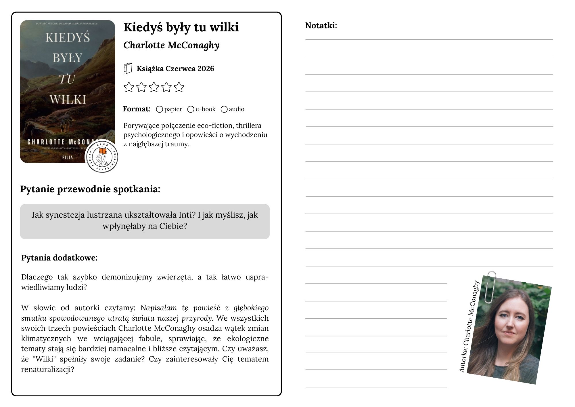 spotkanie klubu 'Książki kiedyś były tu wilki" Charlotte McConaghy